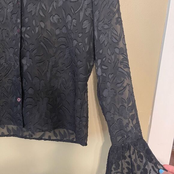 Libra Vintage Sheer Floral Textured Black Frill Cuff Button Up Blouse Medium - Picture 10 of 13